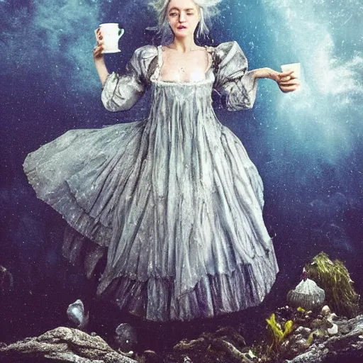 Image similar to A 18th century, messy, silver haired, (((mad))) elf princess, dressed in a ((ragged)), wedding dress, is ((drinking a cup of tea)). Everything is underwater and floating. Greenish blue tones, theatrical, (((underwater lights))), fantasyconcept art, inspired by John Singer Sargent's Lady Macbeth