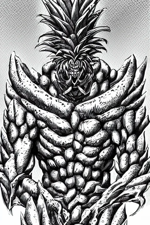 Prompt: screeching pineapple humanoid figure monster wearing themed armour, symmetrical, highly detailed, digital art, sharp focus, trending on art station, kentaro miura manga art style