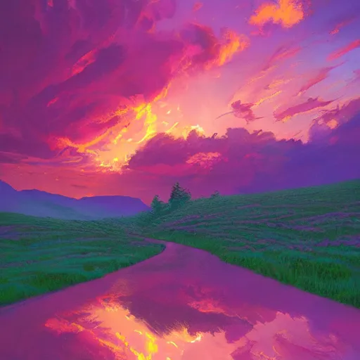 Prompt: lush green valley pink clouds backlit by yellow sun, nostalgic, calming, aesthetic, volumetric fog, godrays, high contrast, high contrast, high contrast, vibrant colors, vivid colors, high saturation, by Greg Rutkowski and Jesper Ejsing and Raymond Swanland and alena aenami, featured on artstation, wide angle, horizontal orientation