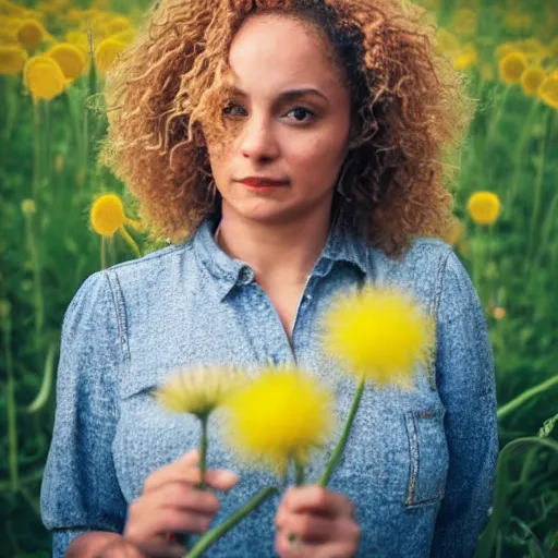 Image similar to a portrait of a beautiful 3 5 year old racially ambiguous woman, german, mexican, curly blond hair, standing in a field of soft focus dandelion flowers on a lovely spring day