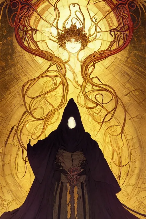 Image similar to A full body portrait of a mysterious character with no face with a very long hooded yellow cloak, a golden crown floating above his head, tentacles coming out the ground art by Artgerm and Greg Rutkowski and Alphonse Mucha and Craig Mullins and James Jean and Andrei Riabovitchev and Marc Simonetti and peter mohrbacher, sharp focus, ominous, cosmic horror, trending on artstation, Ultra detailed, hyper realistic 4k