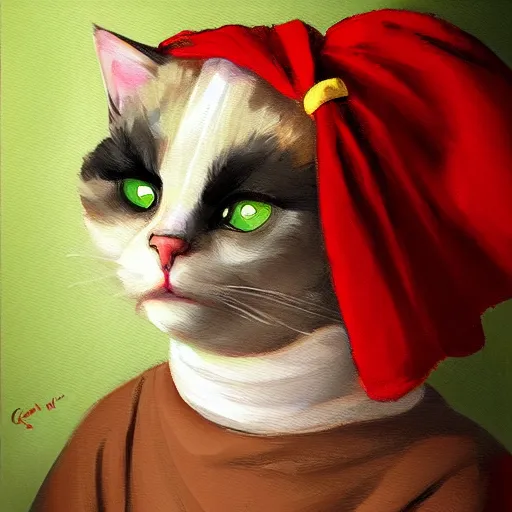 Prompt: concept art portrait painting of cat wearing dress in the style of pixar, disney, perfect lighting, rembrandt