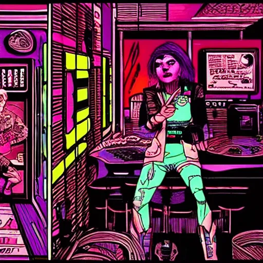 Image similar to “surreal cyberpunk comic book illustration of a punk sitting in booth smoking watching a 1970s tv with a beautiful female cyborg commander on the screen in dystopian dive bar, cybercore, fine detail”