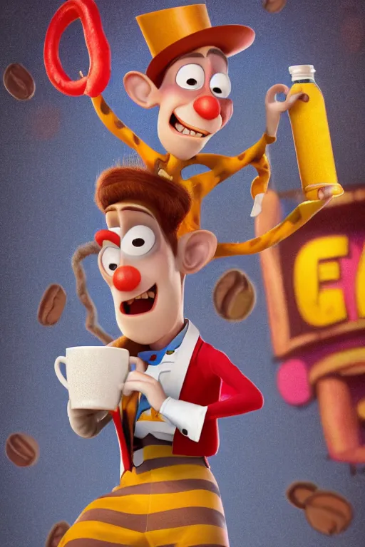 Image similar to portrait of a clown holding a cup of coffee with the circus in background, full body. pixar disney 4 k 3 d render funny animation movie oscar winning trending on artstation and behance. ratatouille style.