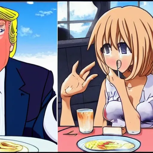 Image similar to Donald Trump eating his anime 2D girlfriend