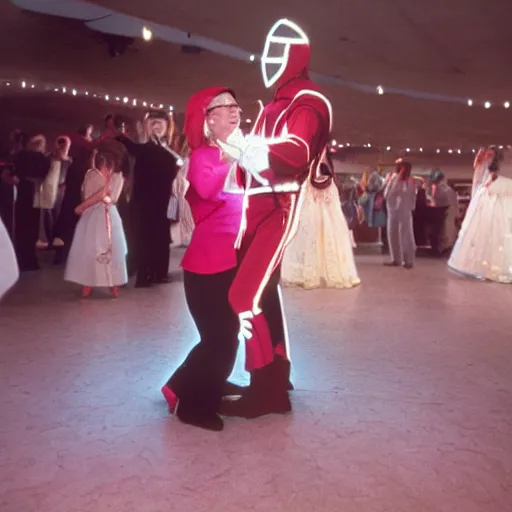 Image similar to a couple of grandparents of 1 0 0 years old wearing knight iron costume and dancing, kodachrome, backlight, add a glow around subj. edge, in twin peaks, 1 9 9 0 s