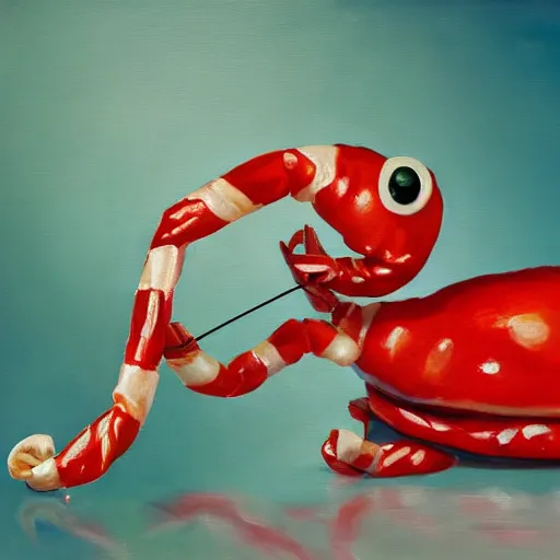 Prompt: hype realistic oil painting of an anthropomorphic shrimp holding a candy cane