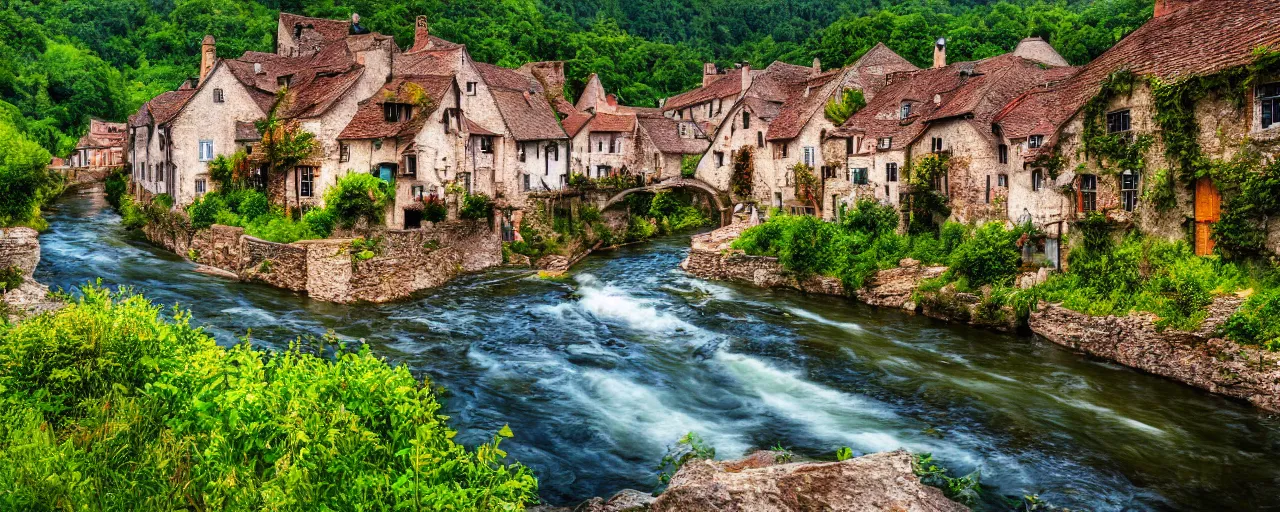 Image similar to a river running through a medieval village, summer, beautiful colors, wide-angle photograph, award winning, highly detailed