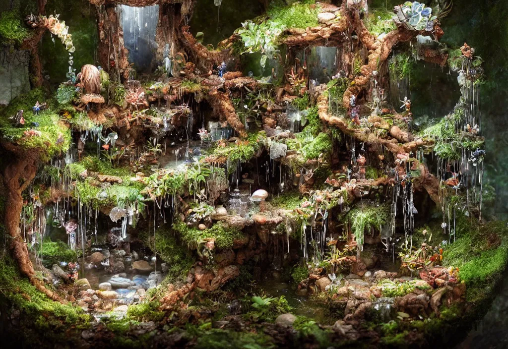 Prompt: miniature enchanted water well, plants inside cave, with godray, vale encantado, cave photography lighting by ellen jewett, tomasz alen kopera and justin gerard foam mist water, ruins, building blocks,, diamond texture, intricate mine, tiny sticks, tiny insects, water drops, sap, spider web, sap, nature ador