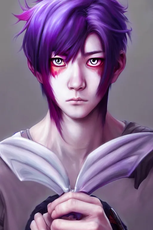 Image similar to gorgeous!!! hyper - realistic teenager boy with purple hair, purple eyes with red eye markets, wearing combat japanese clothes, holding a fan | drawn by wlop, drawn by jeehyung lee, drawn by artgerm | intricate, highly detailed, digital painting, character design, concept art, illustration, artstation