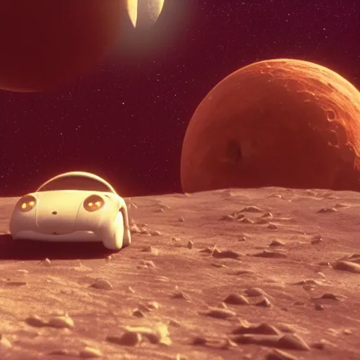 Image similar to a cinematic film still from a 2001 Pixar movie about a futuristic city on the moon where anthropomorphic star beings live, aesthetic, in the style of Pixar, shallow depth of focus