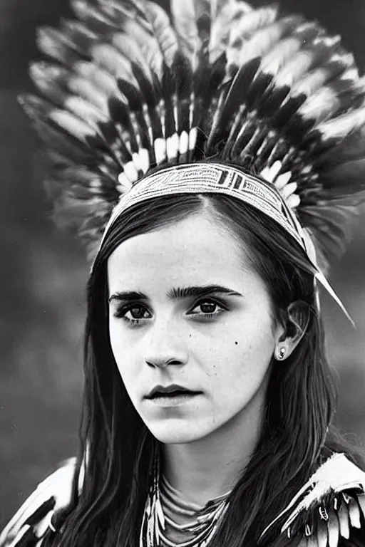 Image similar to “Photo of Native American indian woman Emma Watson, portrait, skilled warrior of the Apache, ancient, realistic, detailed, emma watson”