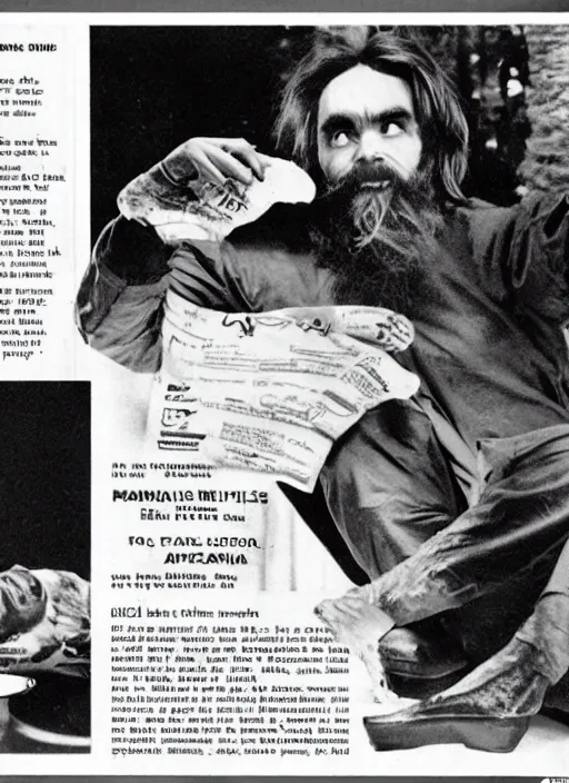 Image similar to vintage pharamaceutical magazine advertisement depicting charles manson slipping on a banana peel