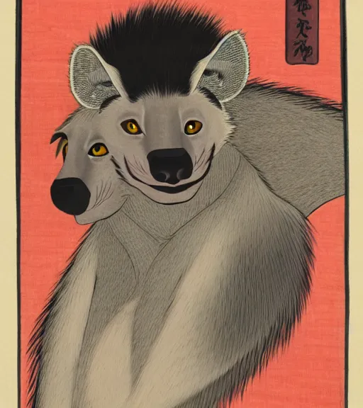 Prompt: ukiyo-e ukiyoe portrait of furry anthro anthropomorphic spotted hyena head animal person fursona wearing clothes sitting in a living room