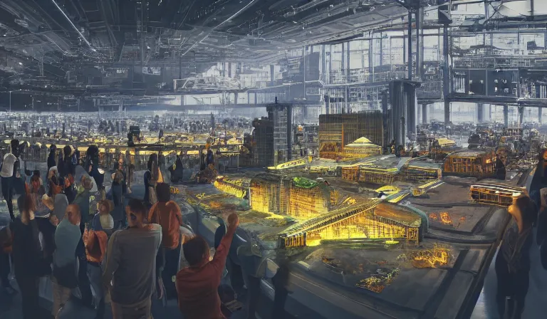 Prompt: large group people in open warehouse, looking at hologram of futuristic city on a table, cinematic concept art, godrays, golden hour, natural sunlight, 4 k, clear details, tabletop model buildings, center model buildings, hologram center, crane shot, crane shot, crane shot