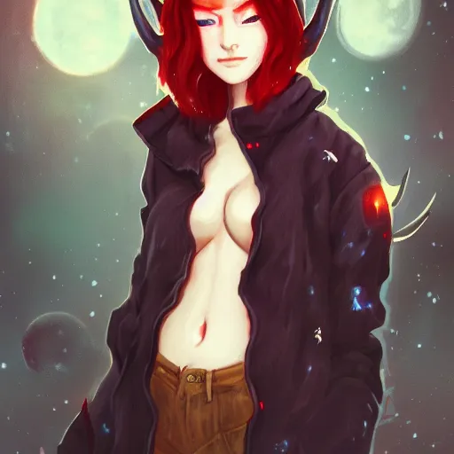 Image similar to a pale redheaded demoness with yellow eyes and horns wearing a jacket, dark spot around eye, highly detailed, galaxy background, digital painting, artstation, matte, by makoto shinkai, animation style