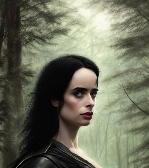 Image similar to 5 5 mm close up portrait photo of krysten ritter as yennefer of vengerberg in black leather armor and black hair, in a forest. magical atmosphere. art by greg rutkowski. lifelike. very detailed 8 k. intricate. soft light. nikon d 8 5 0.