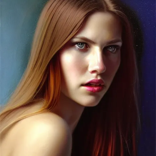 Prompt: Facial portrait of a gorgeous girl, looking away from the camera, seductive smile, sparkle in eyes, lips slightly parted, long flowing hair, no hands visible, intricate, delicate, teasing, naughty, arrogant, defiant, bored, mysterious, extremely detailed painting by Mark Brooks and by Greg Rutkowski, vibrant colors, studio lighting