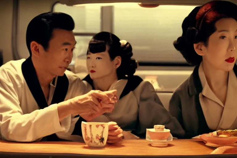 Image similar to movie interior closeup beautiful Japanese couple closeup sitting and talking at 50s diner, night in the city, beautiful skin, by Emmanuel Lubezki