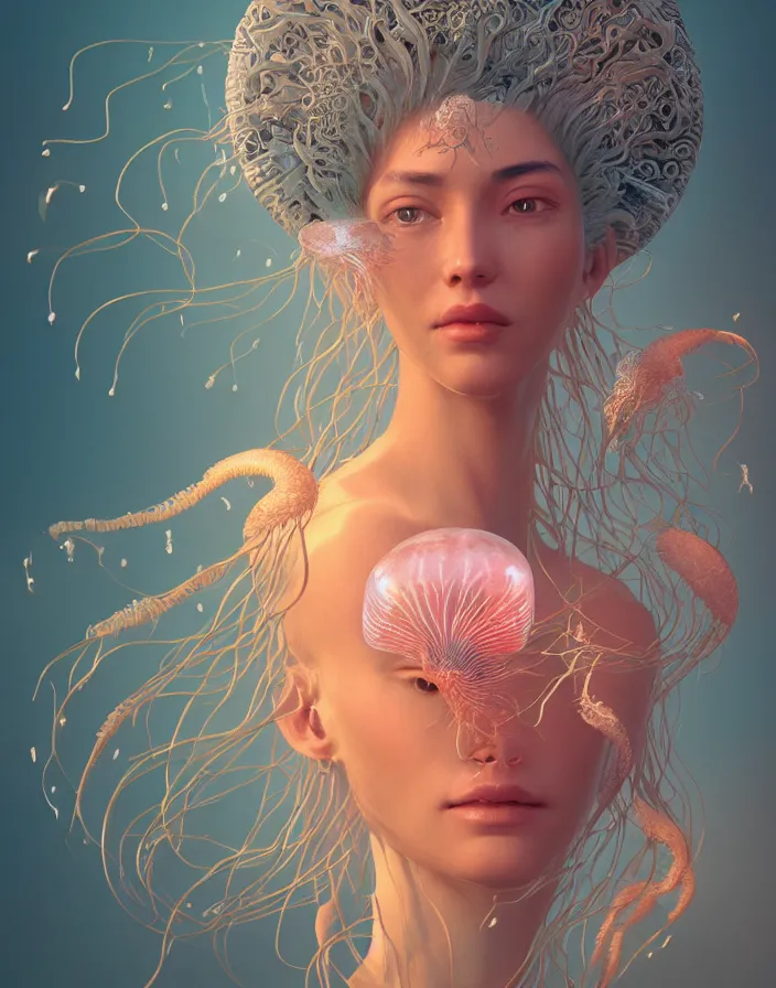 Image similar to goddess portrait. jellyfish phoenix head. intricate artwork by Tooth Wu and wlop and beeple. octane render, trending on artstation, greg rutkowski very coherent symmetrical artwork. cinematic, hyper realism, high detail, octane render, 8k