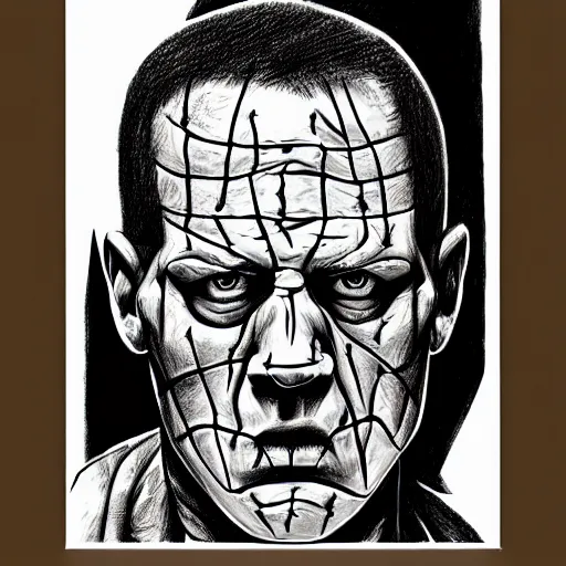 Image similar to drawing of john cena as pinhead from hellraiser, pencil drawing, ultra realistic, intricate details, black and white, hd, 8 k, artstation