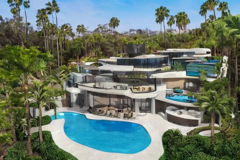 Prompt: 30 million dollar villa in Hollywood, beautiful architecture, pools, palmtrees, very detailed photorealistic advertisement photo