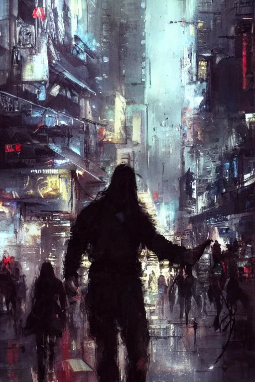 Image similar to full body portrait of Jesus as a cyborg walking through a crowded futuristic city street as the people part around him, by Jeremy Mann, stylized, detailed, realistic, loose brush strokes, dark tones, neon hue, intricate