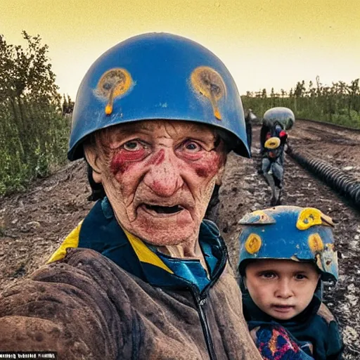 Image similar to selfie of the last surviving ukrainian with children with evil faces, all in helmets with weapons, wild pain and damage to the body burns alive to the bone, painted in dirty yellow - blue colors, a huge nuclear explosion is approaching in the background, a very detailed photo