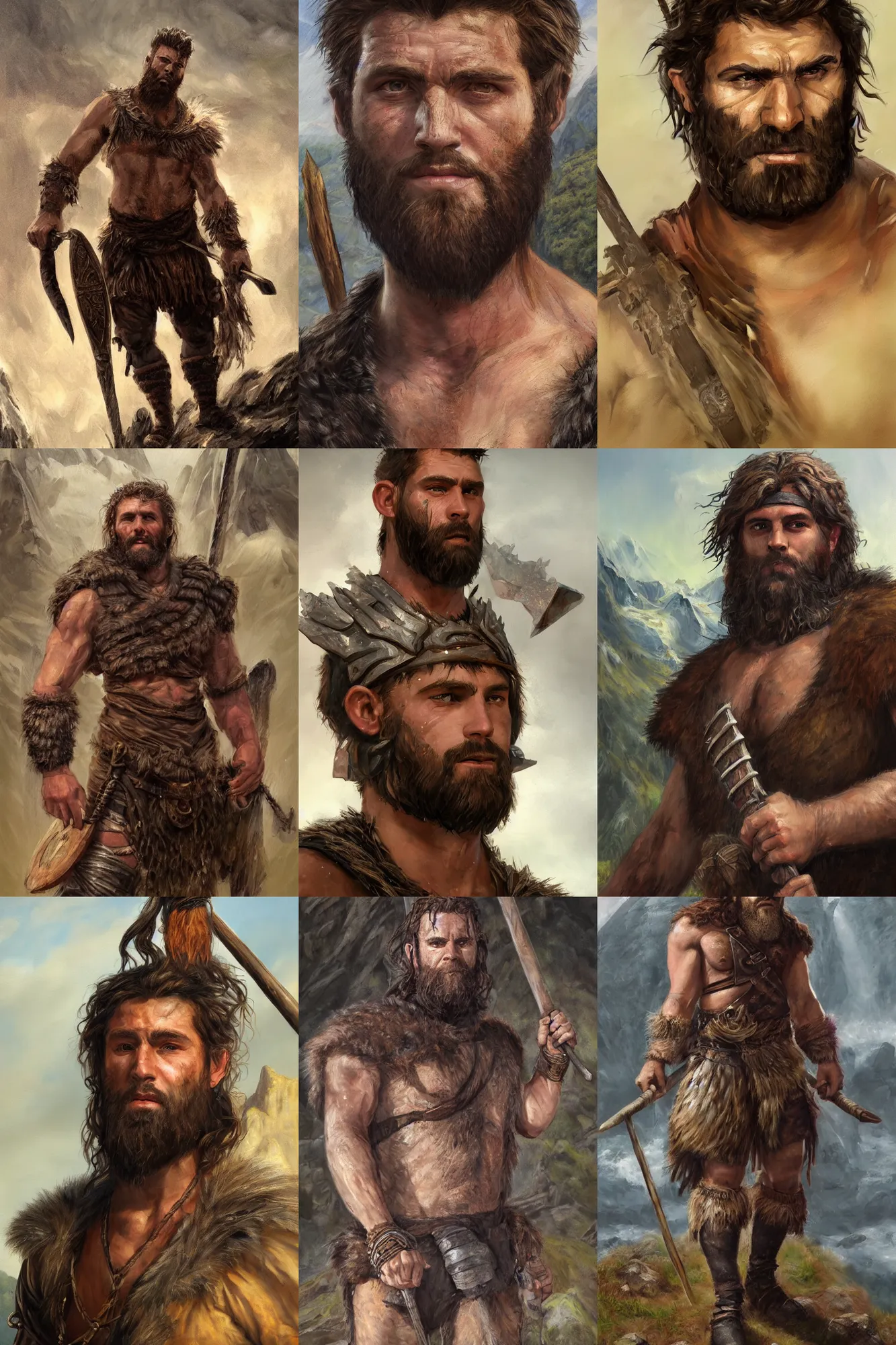 Prompt: a full body high detail fantasy portrait oil painting illustration of a single young handsome rugged stoic barbarian man by Justin Sweet with face and body clearly visible, in a scenic background, pupils visible, realistic proportions, d&d, rpg, forgotten realms, artstation trending, high quality, sombre mood, artstation trending, muted colours, no crop, entire person visible!, natural light, Adobe Photoshop, Adobe Lightroom, photolab, Affinity Photo,