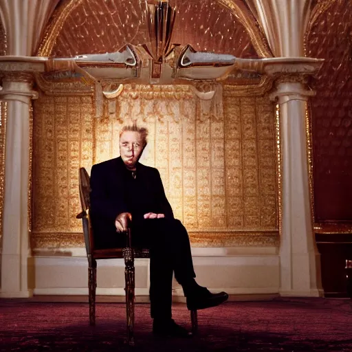 Image similar to elderly Christopher Walken as a menacing regal futuristic emperor seated on an ostentatious cyberpunk throne, cinematic lighting, backlit glow