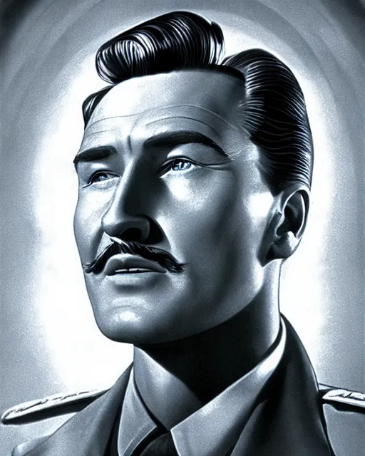 Image similar to Errol Flynn as a scientist. 1980s dystopian Soviet Russia, propaganda screens. Unreal engine, fantasy art by Gintas Galvanauskas. Faithfully depicted facial expression, perfect anatomy global illumination, radiant light, detailed and intricate environment