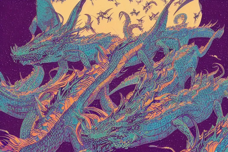 Image similar to a swarm of dragons, risograph, retro fantasy style, victo ngai, moebius, studio ghibli