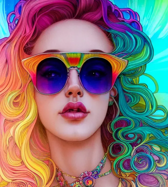 Prompt: close up of a beautiful woman with long rainbow coloured hair wearing a kaleidoscopic psychedelic top and sunglasses, fantasy, intricate, elegant, highly detailed, digital painting, artstation, concept art, smooth, 8 k, sharp focus, illustration, art by artgerm and greg rutkowski and alphonse mucha