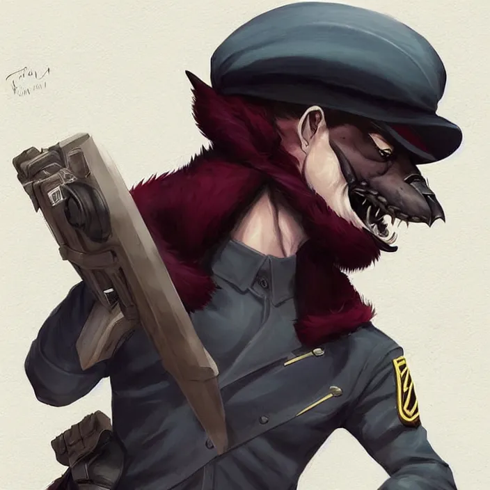 Image similar to beautiful portrait commission of a male furry anthro!!! bat shark wearing military clothes and a maroon beret. Active Warzone with explosions Atmospheric. Character design by charlie bowater, ross tran, artgerm, and makoto shinkai, detailed, inked, western comic book art