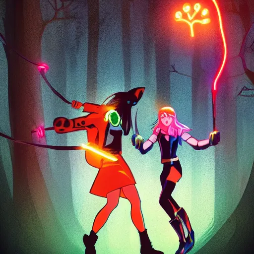 Image similar to comic book cover of a ( woman with long hair swinging ( neon sword ) ) and ( soldier with ( glowing gloves and boots ) ) fighting a ( shadow demon creature ) in a forest, illustration, studio ghibli, digital art, dramatic, cinematic, trending on artstation