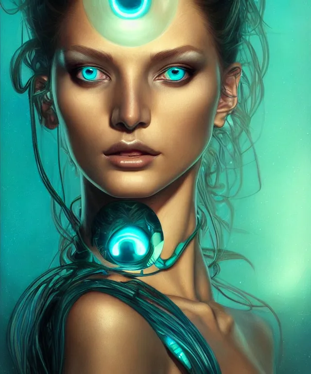 Image similar to Supermodel woman turning into an Android portrait, dark surrealism , scifi, intricate, elegant, highly detailed, teal neon glowing eyes, digital painting, artstation, concept art, smooth, sharp focus, illustration, art by artgerm and moebius and alphonse mucha