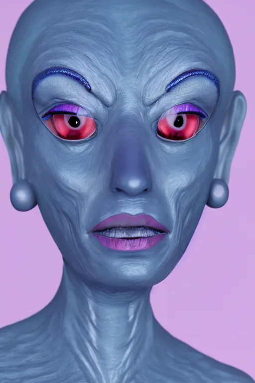 Image similar to portrait of a blue alien woman, silicone skin, 4 eyes, pierced with plasma jets, 5 th element, cinematrographic, elegant, soft shapes, sharp details, 3 5 mm, f / 2 4