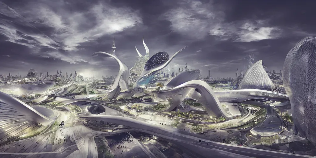 Image similar to Zaha Hadid city with Arabic letter on the sky and mosque and arch in baghdad in a Fantasy world and photo inspired by Where weird things happen by Daniele Gay on art station , le corbusier model on the ground inspired by Mining by Risa lin on art station