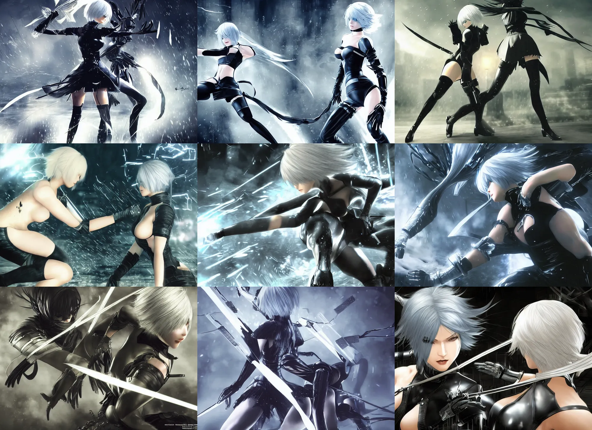 Image similar to 2b from NiER fighting with Raiden from Metal Gear Rising, cover art, no text