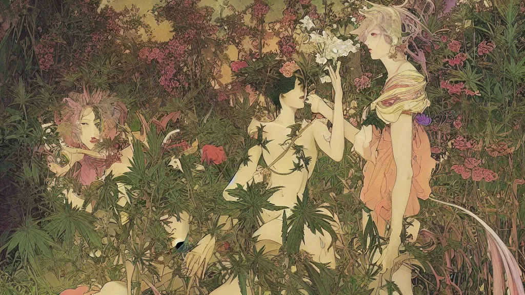 Image similar to a beautiful cannabis landscape painting of dystopian psychedelic future by Alfons Maria Mucha and Yoshitaka Amano and Junji Ito