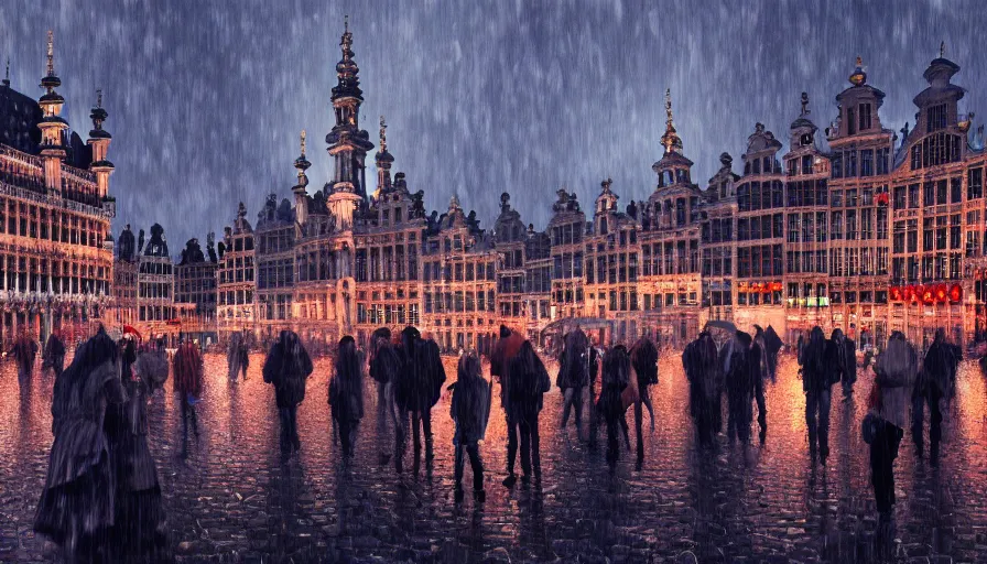 Image similar to grand place of brussels, rainy evening, people with umbrellas, hyperdetailed, artstation, cgsociety, 8 k