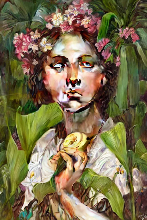 Image similar to ultra realistic illustration, bohemian girl with banana plants and flowers, staring directly into camera, intricate, elegant, highly detailed, digital painting, artstation, concept art, smooth, sharp focus, illustration, art by artgerm and greg rutkowski and alphonse mucha