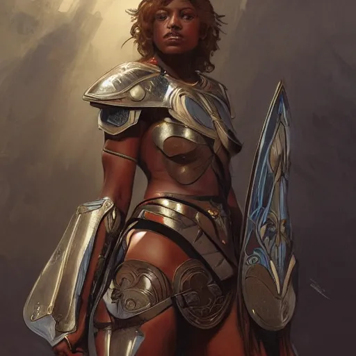 Image similar to Ebony female Warrior in full armor and shield, Digital art, art by Alphonse Mucha, Greg Rutkowski, Alex Ross, WLOP, Artstation, 8K