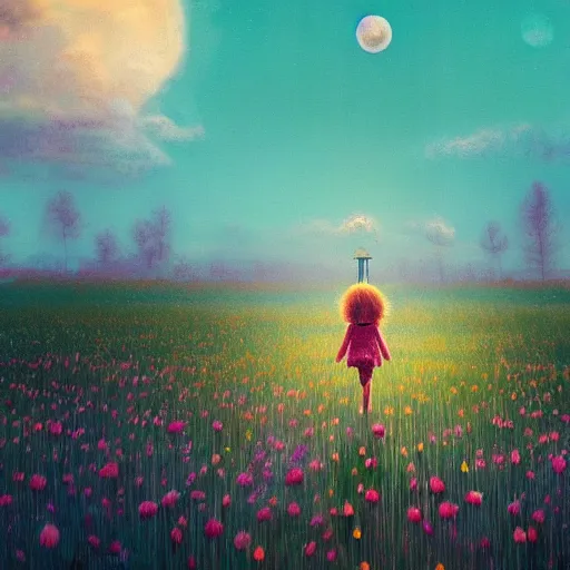 Prompt: giant daisy flower as a head, girl walking in flower field, surreal photography, night moon light, dramatic, impressionist painting, clouds, digital painting, artstation, simon stalenhag