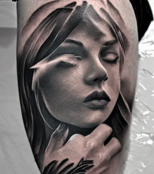 Image similar to amazing fade art of a hyper realistic mountain scenery with a beautiful woman face, tattoo design sketch, in the style of matteo pasqualin, hyper - realistic, amazing detail, black and white