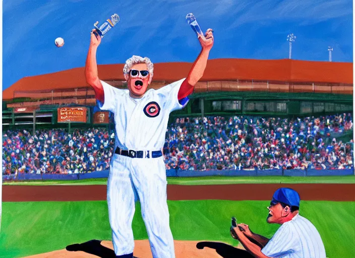 Prompt: painting of harry caray singing take me out to the ball game, malort bottle in hand, wrigley field background, blue sky, baseball, sharp,