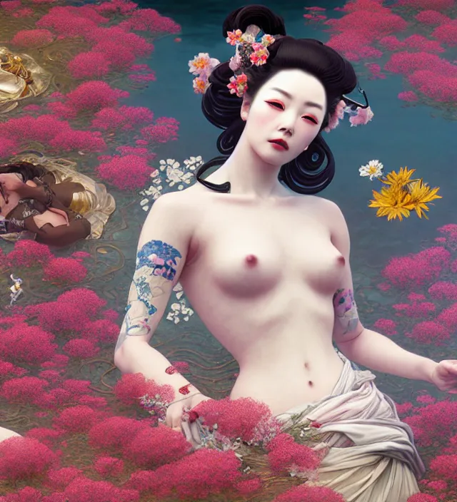 Prompt: baroque portrait of one yakusa atompunk android geisha with tattoos is lying down in a river made of thousand of flowers, photorealistic, octane render, 8 k, depth of field, art by artgerm and greg rutkowski and alphonse mucha and uang guangjian and moebiu, and amano and greg hildebrandt