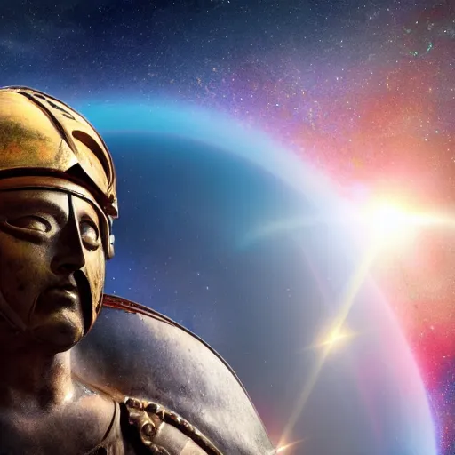 Image similar to a roman helmet flying in space with the earth in the background, sun flare.