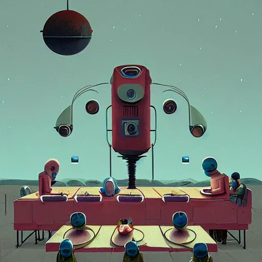 Image similar to the last supper with robots by simon stalenhag