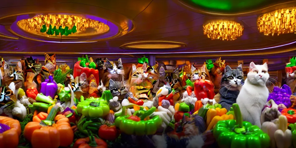 Image similar to 8 k uhd cinema 4 d, octane render of multiple cats dressed as vegetables with vegetables as masks, vegetables dressed as cats with fluffy tails, line dancing at a party, in the ballroom of a luxury cruise liner, beautiful chandeliers from the ceiling, ultra realistic, group photography, 1 0 5 mm lens, multi coloured volumetric lighting